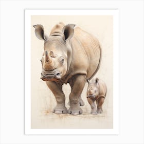 Rhino & Baby Rhino Sepia Illustration 2 Art Print