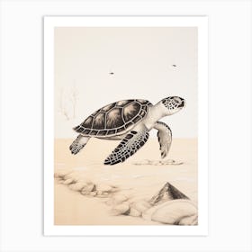 Detailed Sepia Sea Turtles On Beach  1 Art Print