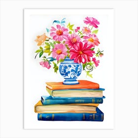 Bouquet On Stack Of Books Print Watercolor Pink Flowers Art Print