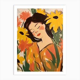 Woman With Autumnal Flowers Sunflower Art Print