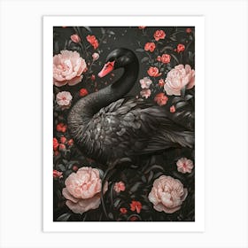 A Black Swan Surrounded By Flowers, Dark Grey Background, Rococo Style, Dreamy Realism, Pink And Red Tones, Baroque Ornamentation Surrounding, Detailed Feather Rendering, Gothic Art, Oil Painting, Dark Grey Background, Pink And Red Affiche