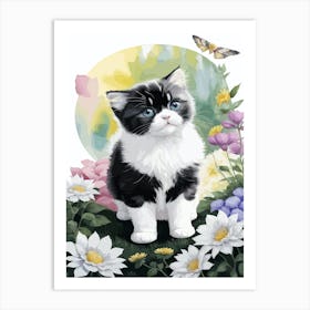 Cute Kitten And Flowers Watercolor 2 Art Print