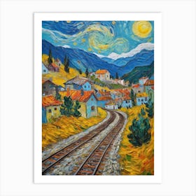 A Painting Of Train Tracks Leading To A Village Art Print