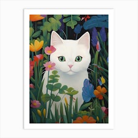 White Cat In The Garden Art Print