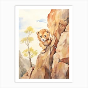 Rock Climbing Watercolour Lion Art Painting 2 Art Print