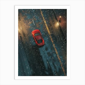 Red Sports Car Driving In The Rain 1 Art Print