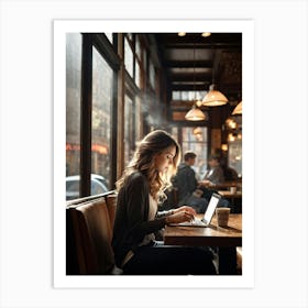 Modern Woman Engrossed In Her Tablet While Seated At A Rustic Wooden Table Inside A Bustling Urban C (5) Art Print