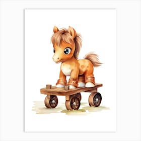 Pony On A Toy Car, Watercolour Nursery 1 Art Print