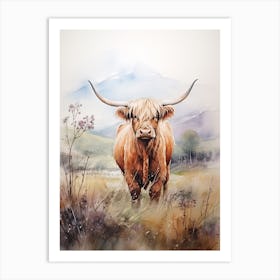 Curious Highland Cow In Field With Rolling Hills Watercolour 3 Art Print