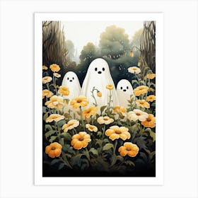 Cute Bedsheet Ghost, Botanical Halloween Watercolour 22 Art Print