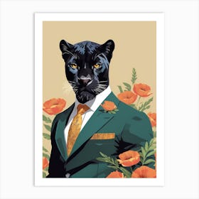 Floral Black Panther Portrait In A Suit (17) Art Print