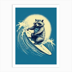 Raccoon Surfing Illustration Blue 1 Art Print