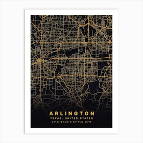 Arlington Texas USA Black And Gold Map Art Print