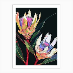 Neon Flowers On Black Protea 3 Art Print
