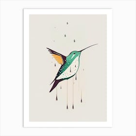 Hummingbird In Rain Retro Minimal Art Print