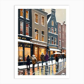 Amsterdam cafes, winter season, Christmas, autumn oil colors, pale colors, pedestrians in the street, winter clothes, falling snow.12 Art Print