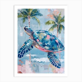 Pastel Blue Sea Turtle With Palm Trees Art Print