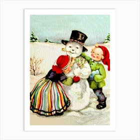 Kids Couple And A Snowman, Holiday Greeting Art Print