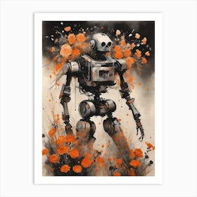 Robot Abstract Orange Flowers Painting (9) Art Print
