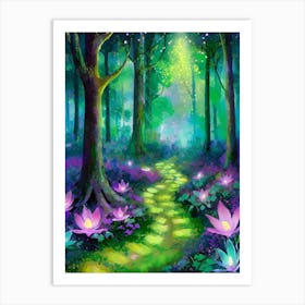 Enchanted Forest With Bioluminescent Plants Art Print