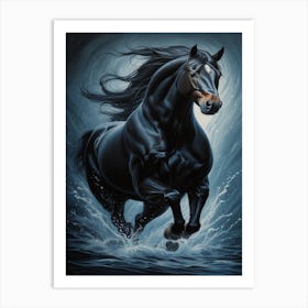 Black Horse Running In The Water Art Print