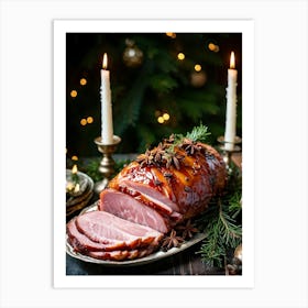 An Entregouted View Of A Glazed Spiced Pork Ham Festooned With A Crown Of Cloves Set On A Lavish C (2) Art Print