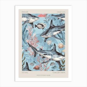 Pastel Blue White Tip Reef Shark Watercolour Seascape Pattern 1 Poster Art Print