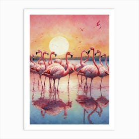 Flamingos At Sunset Art Print