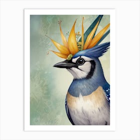 Blue Jay With Flower Crown Art Print