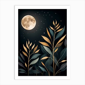 Night Sky With Moon And Leaves Art Print