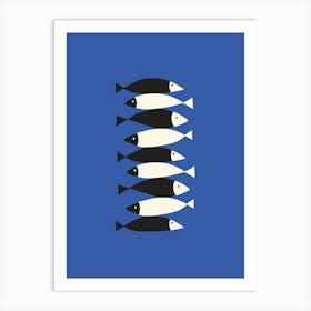 Abstract Fish In A Row Black White Blue Art Print