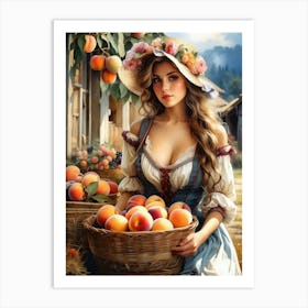 Beautiful And Alluring Blonde In Low Cut Dress Wearing A Large Hat, With A Basket of Peaches 7 Art Print