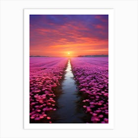 Pink Flower Field At Sunset Art Print