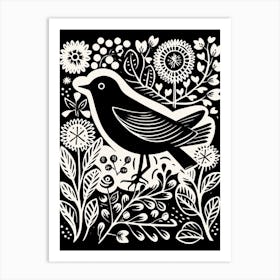 B&W Bird Linocut Blackbird 2 Art Print