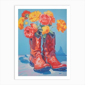A Painting Of Cowboy Boots With Orange Flowers, Fauvist Style, Still Life 8 Art Print