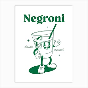 Negroni Cocktail Vintage Retro Cartoon Illustration In Green Art Print