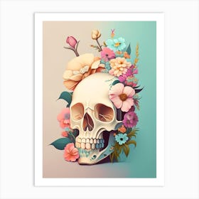 Skull With Tattoo Style 1 Artwork Pastel Vintage Floral Art Print