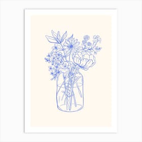 Blue Line Drawing Flowers Art Print