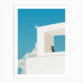 Minimal art of a cat on top of a modern architectural building Art Print