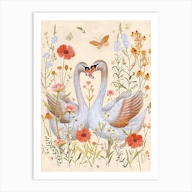 Folksy Floral Animal Drawing Swan Art Print