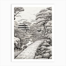 Rikugien Garden In Tokyo, Ukiyo E Black And White Line Art Drawing 1 Art Print