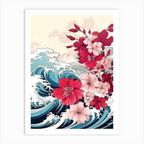 Great Wave With Hibiscus Flower Drawing In The Style Of Ukiyo E 4 Art Print