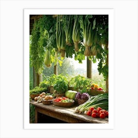 A Tranquil Domestic Garden Overflowing With Vibrant Vegetables Gleaming Tomatoes Peep From The Le (1) Art Print