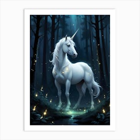 White Unicorn With Glowing Markings Stands In An Enchanted Forest At Night, Surrounded By Fireflies Art Print