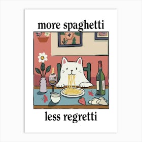 More Spaghetti Less Regretti White Cat Dog Print Retro Diner Poster Cartoon Dining Pasta Posters Italian Kitchen Art Print