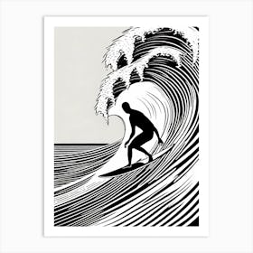 Surfer On A Wave Linocut Black And White Painting, into the water, surfing Art Print