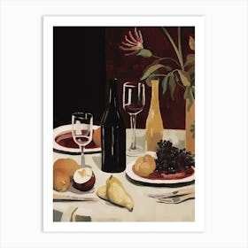 Atutumn Dinner Table With Cheese, Wine And Pears, Illustration 7 Art Print