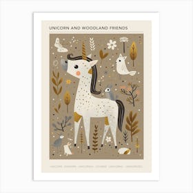 Unicorn In The Meadow With Abstract Woodland Animals 2 Poster Art Print
