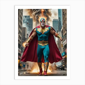 Giant Luchador Wrecks Chaos Through City Streets Art Print