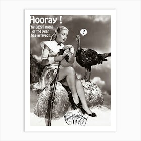 Funny Thanksgiving Poster With Pin Up Girl And A Turkey Art Print